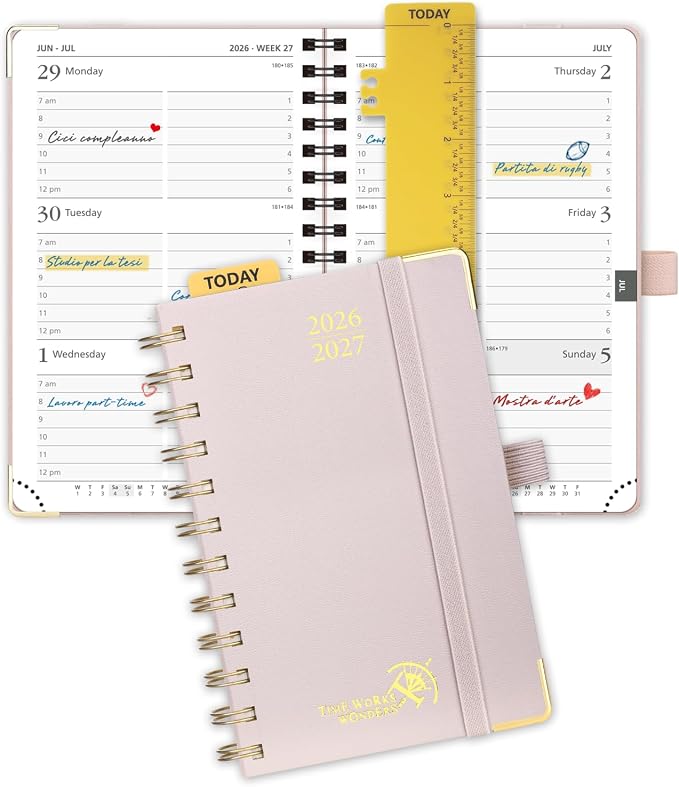 POPRUN Pocket Calendar 2026-2027,6.5" x 3.5" Pocket Planner | Jul 2026-Jan 2027 Small Planner for Purse,Inner-Pocket Weekly Planners with Hardcover, Tabs, Ruler, Pen Loop- Light Pink