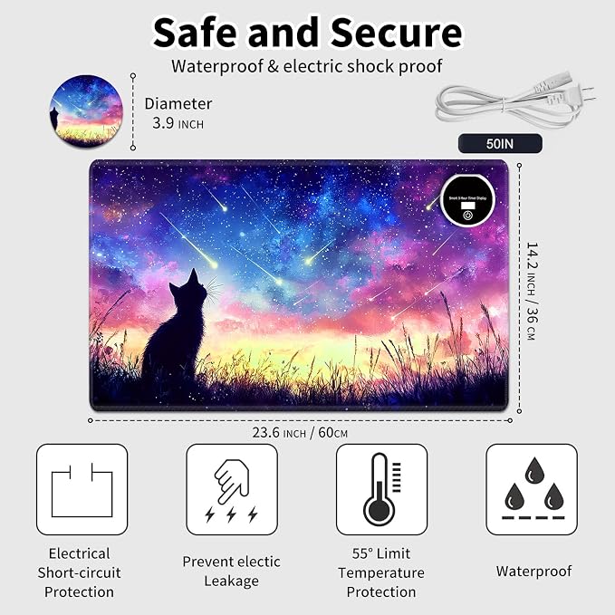 Heated Desk Pad Mouse Pad,Heated Desk Mat,with 3 Heating Levels & 3 Hours Auto Shut-Off,Leather 23.6"*14.2" Gaming Mouse Laptop Mat,Foot Warmer,Colorful Galaxy Cat