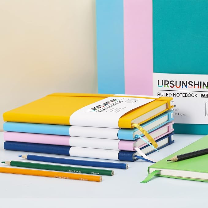 URSUNSHINE Ruled Notebook/Journal - Classic Lined Journal/Notebook, Hardcover with Thick Paper, 5.3" x 8.26", Banded + Pen Holder +Inner Pocket - Gray