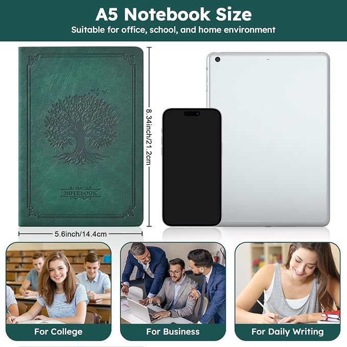 FOCUS DAY A5 Journal Notebook for Women Men, 320 Pages Lined Journaling Notebook with 100GSM Thick Paper, Hardcover Leather Note book for Work Writing Note Taking Diary, School, 5.7'' X 8.4'', Green