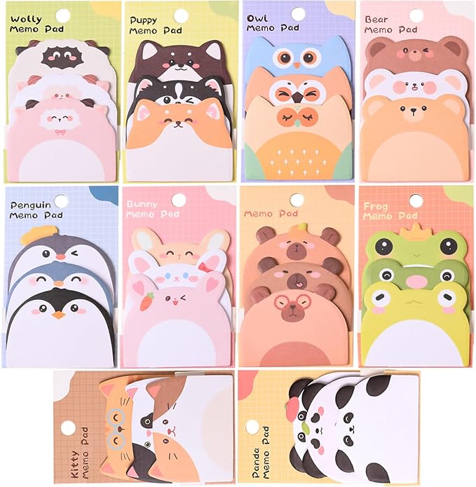 Cute Sticky Notes, 10 Pack 450 Sheets Cartoon Animal Sticky Notes Kawaii Mini Animals Shape Markers Flags Self-Stick Memo Pads for Adult Home Office Roommates Gifts Tab Suppliess