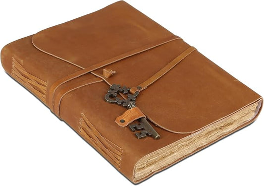 Leather Journal with Deckle Edge Paper 8x6 inch and Vintage Key | Handmade Writing Notebook Diary | Bound Daily Notepad for Men & Women Medium, Sketch/Writing pad for Artists
