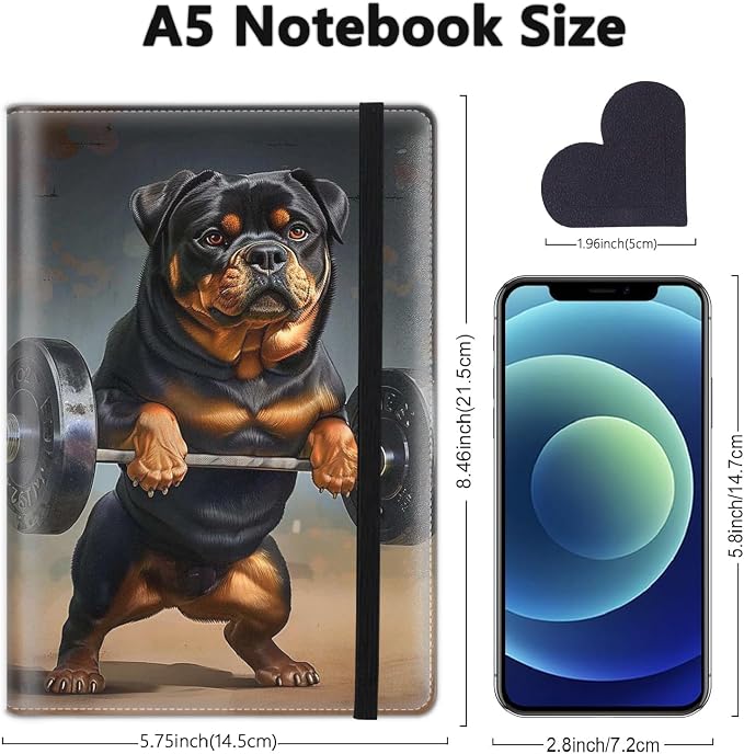 A5 Leather Lined Journal Notebook, 200 Pages Hardcover Executive Notebook for Office School Note Taking, Thick Writing Paper Daily Journal with Bookmarks/Indexes, Animal Dog Weightlifting