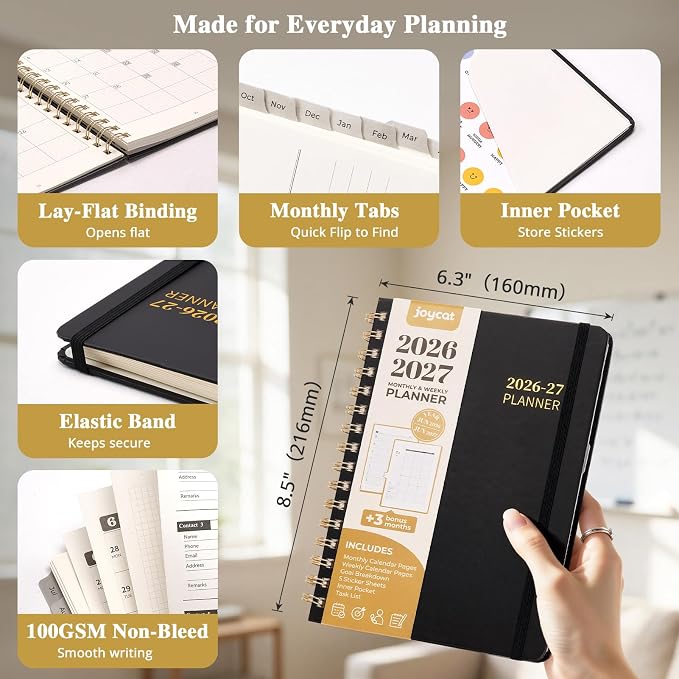 JoyCat Academic Planner 2026-2027, A5 Weekly & Monthly, Black | July 2026-June 2027 A5 planner combines weekly and monthly layouts, tabs, grid notes and sticker sheets.