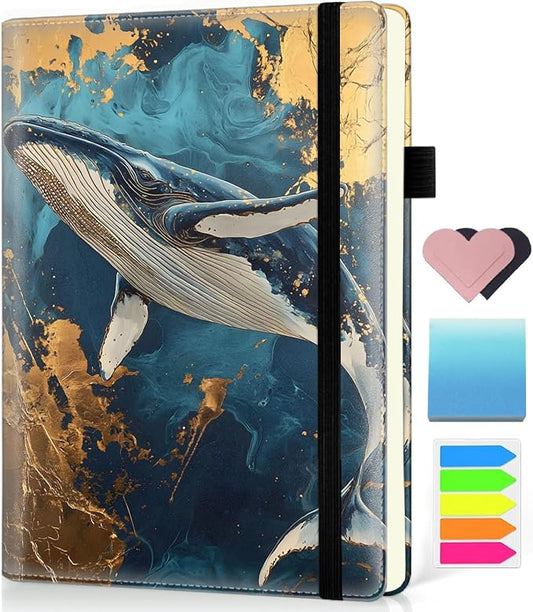Hardcover Executive Notebooks, A5 PU Leather Lined Journal Notebook, 200 Pages Thick Paper Subject Notebooks for School,Work,Home Writing Business Notebook, Diary Book ，Whale