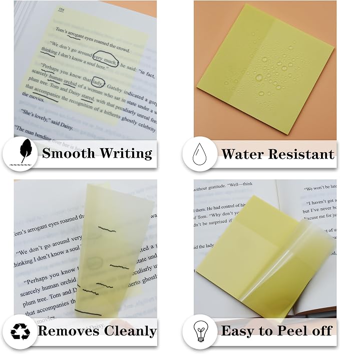 YOUDEFUL Transparent Sticky Notes, 3"x3" Clear Sticky Notes, Waterproof Translucent Sticky Note Pads for Books Annotation, Clear Post it Notes for Bible Journaling Study, School Office Supplies