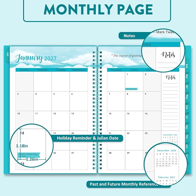 2027 Planner - Planner/Calendar 2027, Jan.2027 - Dec.2027, 8.3" x 6.25" | Tabs, 2027 Calendar Planner, Flexible Cover, A5 Thick Paper, Twin-Wire Binding, 2027 Planner Weekly and Monthly - Aqua Green,