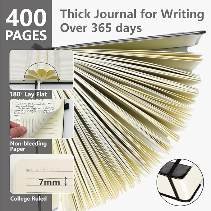 Hoci Poci 400 Pages Lined Journal Notebook, 5.8" x 8.4", Black | Thick Journal for Writing, A5 Hardcover Leather Notebook with 100Gsm College Ruled Paper for Women Men Work Note taking