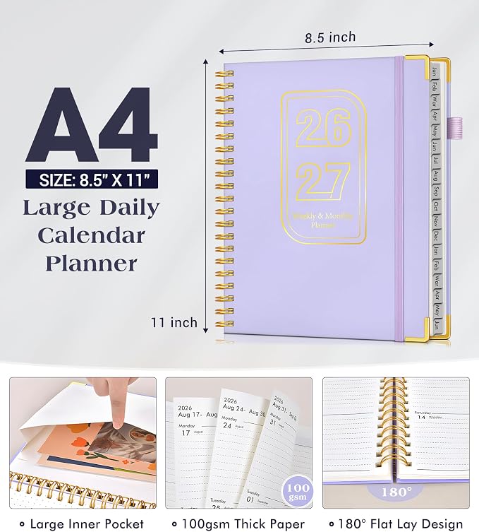 Planner 2026-2027, 18 Months Weekly and Monthly Hardcover Planner, January 2026 - June 2027, 8.5" x 11" A4 Large Daily Calendar Planner Book with Tabs, Spiral Yearly Agenda Organizer Notebook for School Work Home, Purple