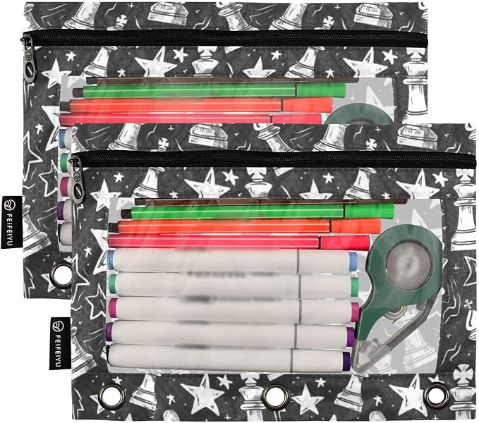 Binder Pencil Pouches Chess Pieces and Stars Pen Case | Clear Window 3 Rings, Cosmetic Bags School Office Supplies Cosmetic Makeup Bag 2 Psc