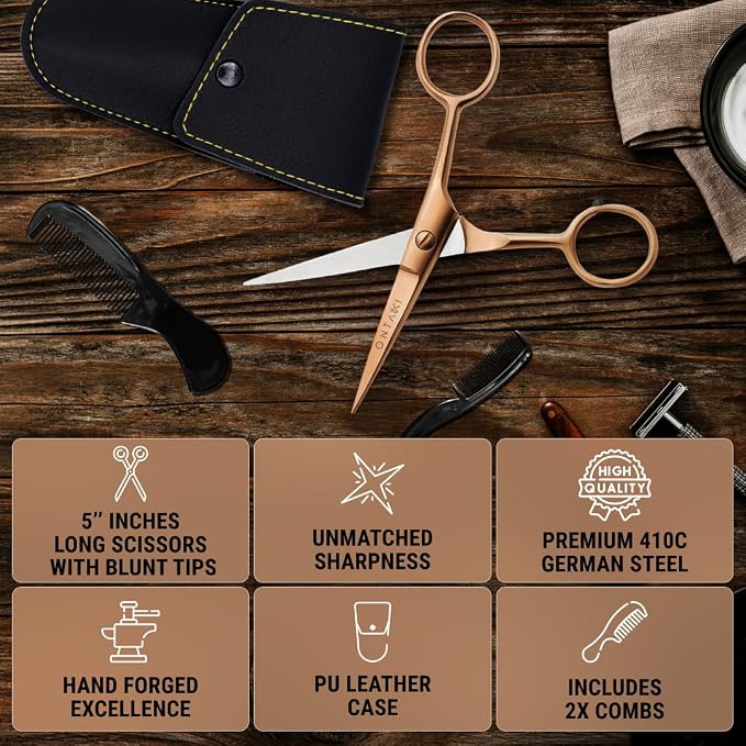 Ontaki 5" Beard & Mustache Scissor with Combs for Men - Rose Gold | 410C Durable German Steel, Ergonomic Travel Friendly Design for Facial Hair - Beard Grooming Kit & Case Perfect for Styling