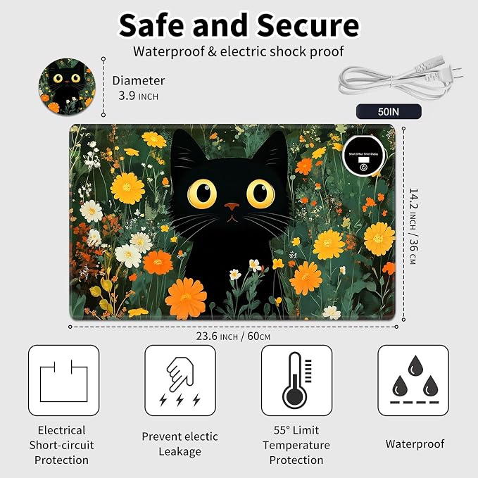 Heated Desk Pad Mouse Pad,Heated Desk Mat,with 3 Heating Levels & 3 Hours Auto Shut-Off,Leather 23.6"*14.2" Gaming Mouse Laptop Mat,Foot Warmer,Cute Cat Floral