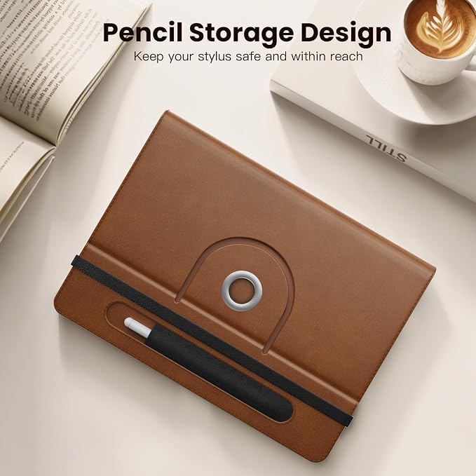 MoKo for Universal 11 inch Android Tablet Case with Pen Holder, Brown | Fits All 9.6-11 inch Tablets, Slim 360 Degree Rotating Cover, Multi-Angle Stand, Front Pocket, No fit iPad/NO back opening