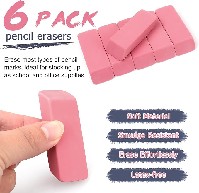 Tamaki Large Erasers, Pink, Pack of 6 | Pencil Erasers for Drawing, Artist Eraser