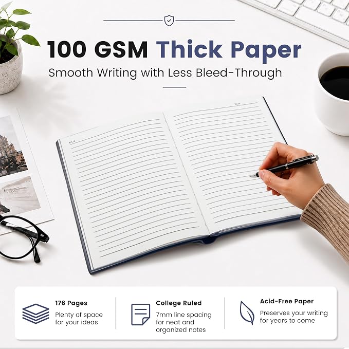 CAGIE Lined Journal Notebook for Men & Women,176 Pages A5 Medium Size, Softcover Leather Journals for Writing, College Ruled Notebook for Work & School, 100 GSM Thick Paper (5.7'' x 8.3'') (Navy Blue)