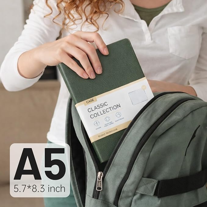 CAGIE Lined Journal Notebook for Men & Women,176 Pages A5 Medium Size, Softcover Leather Journals for Writing, College Ruled Notebook for Work & School, 100 GSM Thick Paper (5.7'' x 8.3'') (Green)