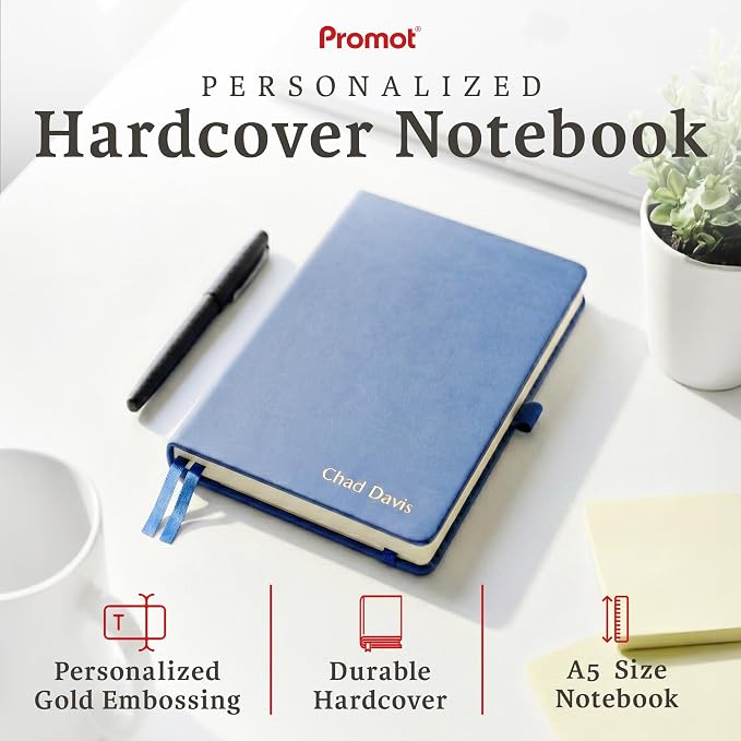 Promot PU Leather Ruled Journal Notebook- Custom Gold Metallic Text (Blue) | Premium Leather-Look Cover, Smooth Lined Writing Pages, Durable Everyday Construction, Lay-Flat Writing Experience