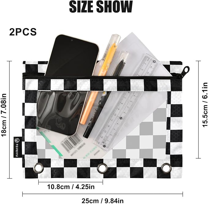 Gredecor 3 Ring Binder Pencil Pouch, Plaid Check Checkered Plaid Zippered Pen Case Pouches with Clear Window, 2 Pack Stylish Office & School Supplie