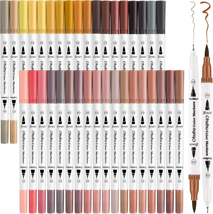 Ohuhu Skin Tone Markers 36 Colors: Dual Tip Brush and Fineliner Markers for Adult Coloring Water Based Art Skintone Marker Pens Set for Portrait Drawing Lettering Writing Calligraphy Journaling - Maui | Brush and Fineliner Markers for Adult Coloring Wa...