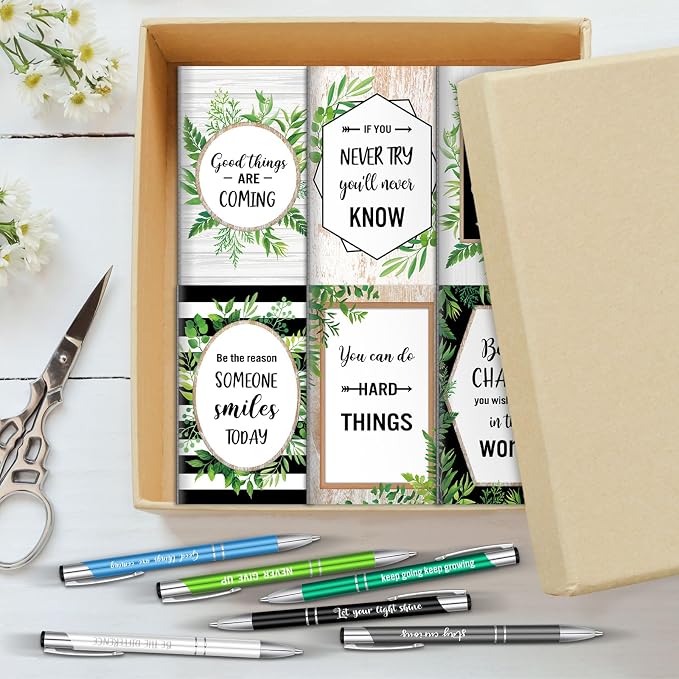 Geyee 24 Pcs Mini Motivational Pens Inspirational Notepads Bulk Appreciation Gifts Small Journals Funny Ballpoint Pen Set Prizes Men Women Office Travel Party Favors(Eucalytus)