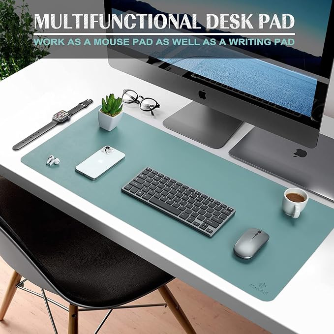 K KNODEL Extra Large Desk Mat, Leather Mouse Pad (35.4"x17", Green) | Desk Pad, Keyboard Pad, Computer and Laptop Mat, Desktop Protector and Cover, Writing Pad and Blotter for Home Office