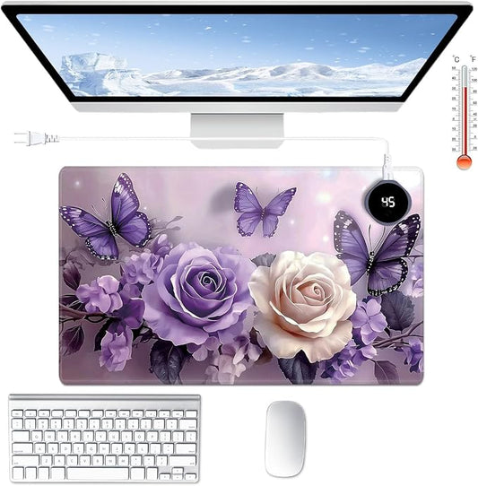 Heated Desk Pad Large Mouse Pad 23.6 x 14.1 inch with 3 Levels Heating & Auto Shut-Off Warm Mouse pad PU Leather Computer Mousepad for Home Office Work - Purple Roses and Butterflies