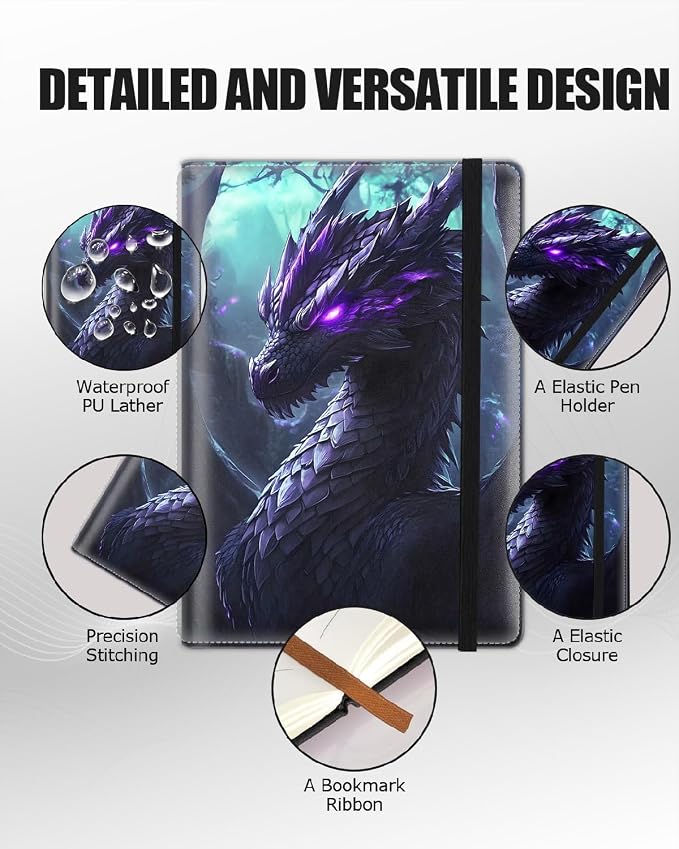 Hardcover Executive Notebooks, A5 PU Leather Lined Journal Notebook, 200 Pages Thick Paper Subject Notebooks for School,Work,Home Writing Business Notebook, Diary Book, Dragon 4