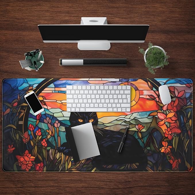 Mechanical Cattle Black Cat Desk Mat Vintage Sunset XXL Large Mouse Pad Laptop Desk Mousepad with Stitched Edges, Keyboard Pad Mouse Mat for Work Game Office Desk Accessories 31.5x15.7 in