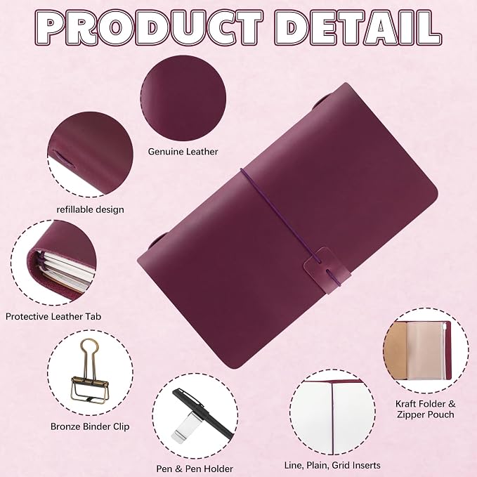 Thenshop Travelers Refillable Purple Leather Journal Notebook Travel Diary Stand Size Handmade Travelers Journal for Men and Women with 3 Notebook Inserts, Pen Holder, Binder Clip