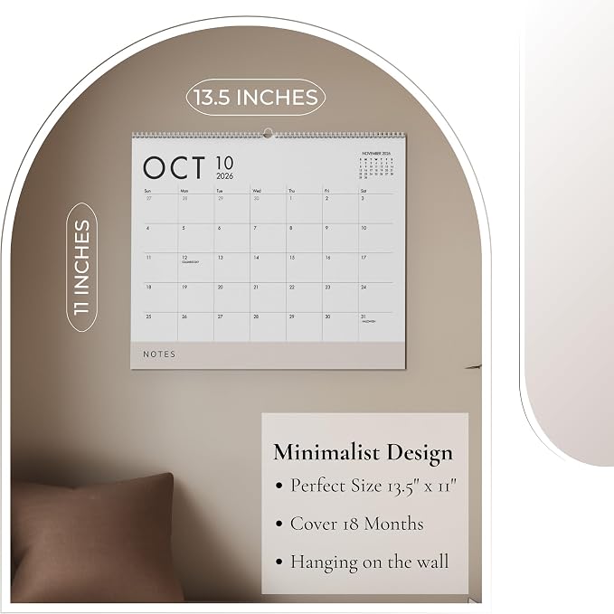 Horizontal Wall Calendar 2026-2027, 18 Months Hanging Calendar (January 2026 - June 2027) Modern White Design with Beige Notes Section 11x13.5 Inches