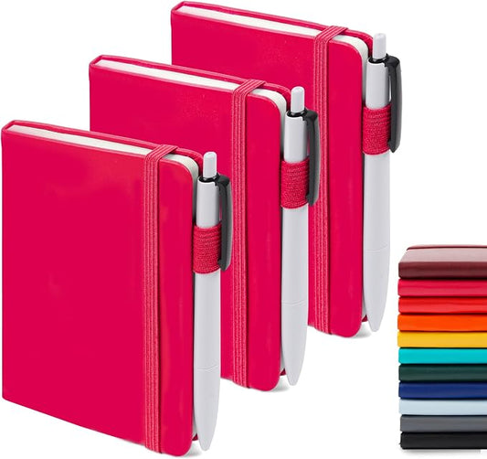 feela 3 Pack Pocket Small Notebook Journals, Mini Cute Memo Notepad Hardcover College Ruled Lined Journals with Pen Holder for Women Girls Office School, with 3 Black Pens, 3.5”x 5.5”, A6, Berry