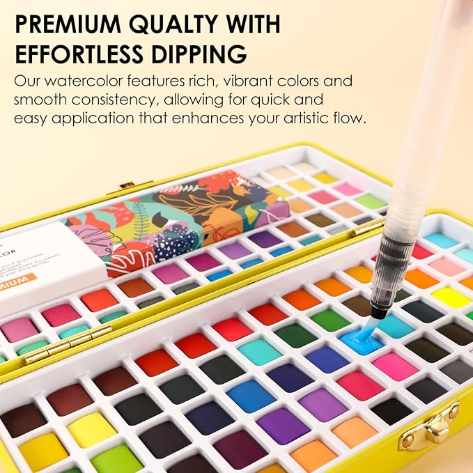 Grabie 100 Colors Premium All-In-One Watercolor Paint Set - 50 Essential, 35 Metallic, 10 Pastels, 5 Neon Hues - Portable Case, Brush Pens, Paper Pad, Waterproof Fineliner Pen, Beginner & Professional, Set of 100
