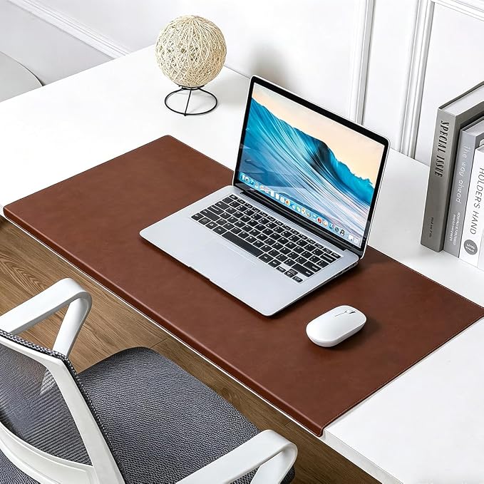 Edge-Locked Non-Slip Large Desk Pad with Edge Protector, Leather Office Laptop Mouse Mat Extended Table Protector, Desk Blotter for Writing Game Work Typing (Reddish Brown,23.6"x11.8")