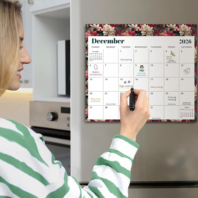 Aesthetic 2026-2027 Magnetic Calendar for Refrigerator, 21-Month Fridge Calendar Magnet from April 2026 to December 2027, Easy Organizing，Floral Luxe