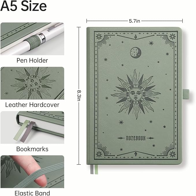 EMSHOI Blank Journal Notebook, 192 Pages, A5 Size (5.7'' x 8.3'') | Leather Hardcover, 100 GSM Thick Paper, Unlined, Plain, for Sketching, Drawing, Painting, Sun Debossed (Light Green)
