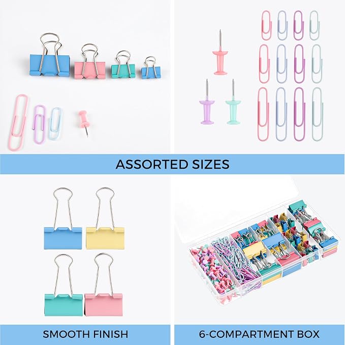 BESARME 279 PCS Paper Clips and Binder Clips Set Assorted Sizes Colorful Metal Clips with Box for Office Home School Paperwork Notes Receipts