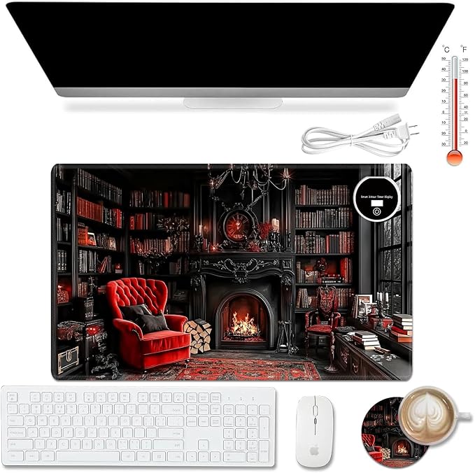 Heated Desk Pad Mouse Pad,Heated Desk Mat,with 3 Heating Levels & 3 Hours Auto Shut-Off,Leather 23.6"*14.2" Gaming Mouse Laptop Mat,Foot Warmer,Retro Bookshelf Red