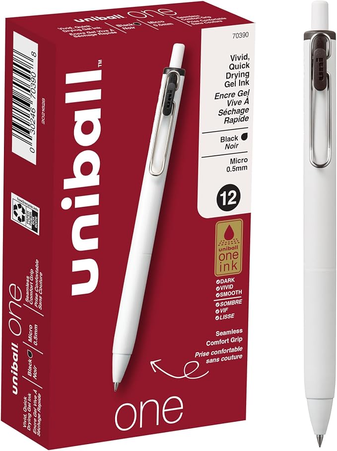uniball™ one Retractable Gel Pens, Micro Point (0.5mm), Black Ink, 12 Pack | Ink stays on top of paper fibers for crisp vivid lines, wire pocket clip, color indicator top, smooth barrel & rubber grip