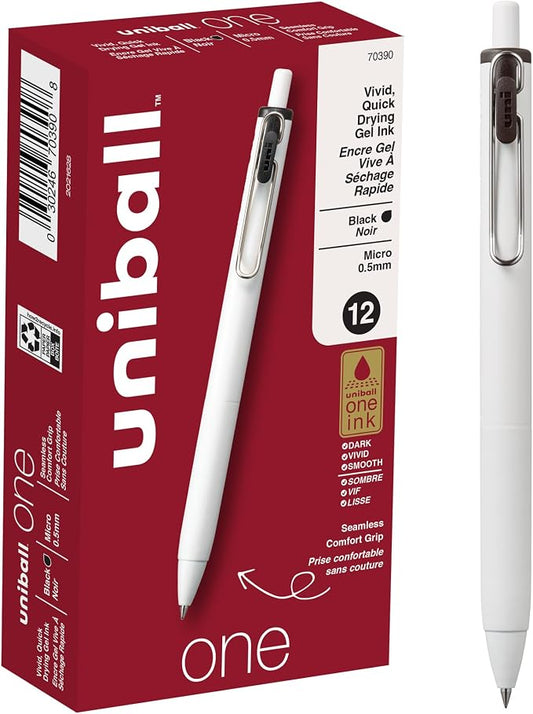 uniball™ one Retractable Gel Pens, Micro Point (0.5mm), Black Ink, 12 Pack | Ink stays on top of paper fibers for crisp vivid lines, wire pocket clip, color indicator top, smooth barrel & rubber grip