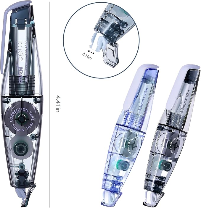 High-capacity Refillable White Correction Tape,32.8 Feet x 0.2”, 2-Count of Extra-long Correction Tape with Easy to Use Pen Shaped Applicator,Fast, Clean and Tear-Resistant for Office School Supplies