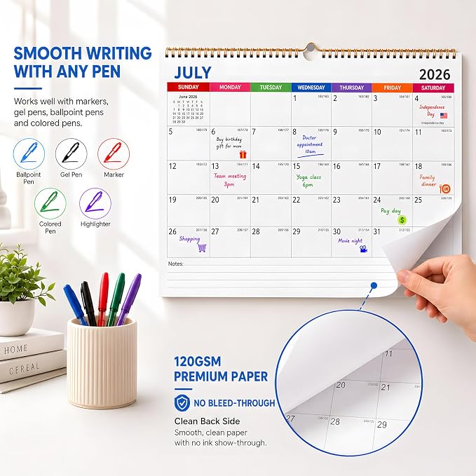 Wall Calendar 2026-2027, 18 Months Academic Calendar, July. 2026 - Dec 2027, 14'' × 11'', Monthly Wall Hanging Calendar with Thick Paper for Office Home Minimalist