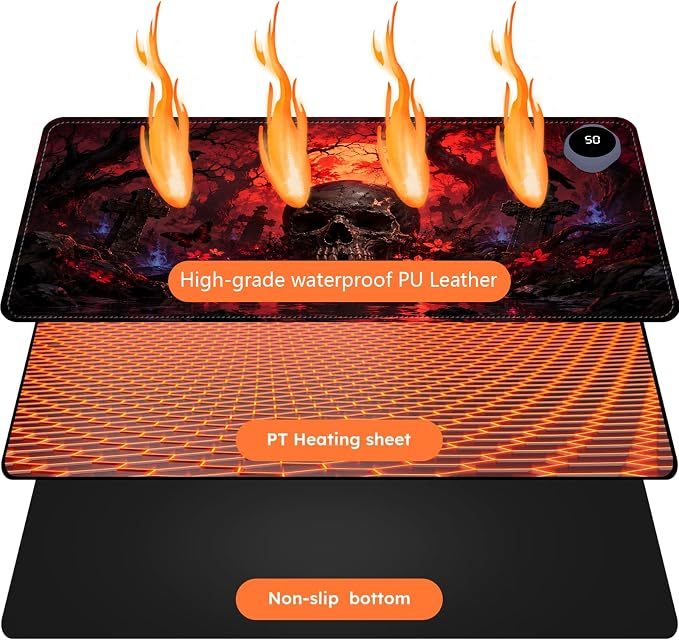 Large Heated Mouse Pad–23.6" x 14.2" Desk Mat for Office | 3 Adjustable Heat Levels,Auto Shut-Off After 3 Hours for Safety,Keeps Hands Warm While Working，Skeleton Tomb