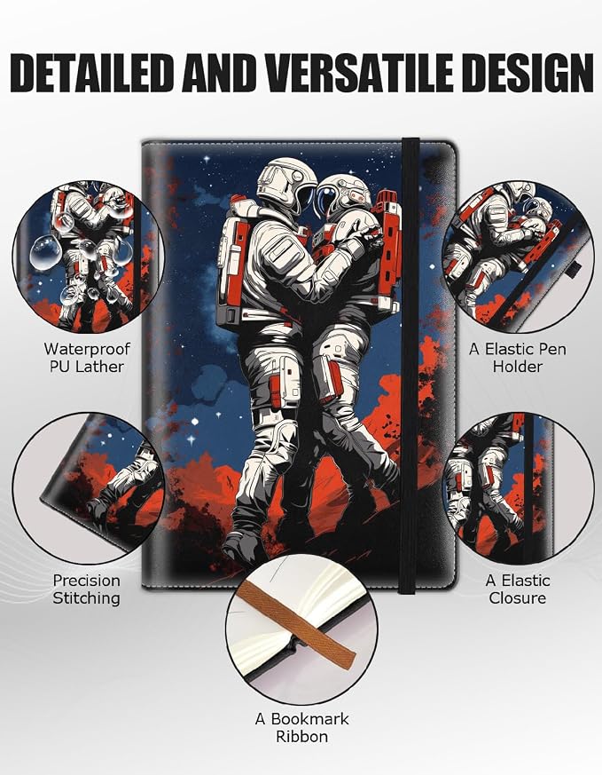 Hardcover Executive Notebooks, A5 PU Leather Lined Journal Notebook, 200 Pages Thick Paper Subject Notebooks for School,Work,Home Writing Business Notebook, Diary Book ， Astronaut Couple