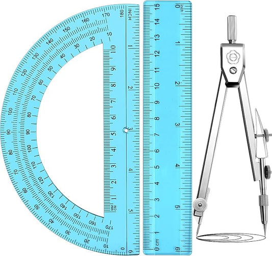 Zonon 3 Pcs Plastic Ruler 6 Inch Protractor Drawing Compass Set, Student Geometry Math Transparent Measuring Tools for Home School Classroom Office Supplies(6 Inch,Blue)