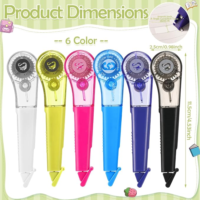 auroray 6 Pack Pen-Style Correction Tape Pens, 19.69ft Each Comfortable Correction Tape Smooth Instant Dry Application for Students School Office Supplies