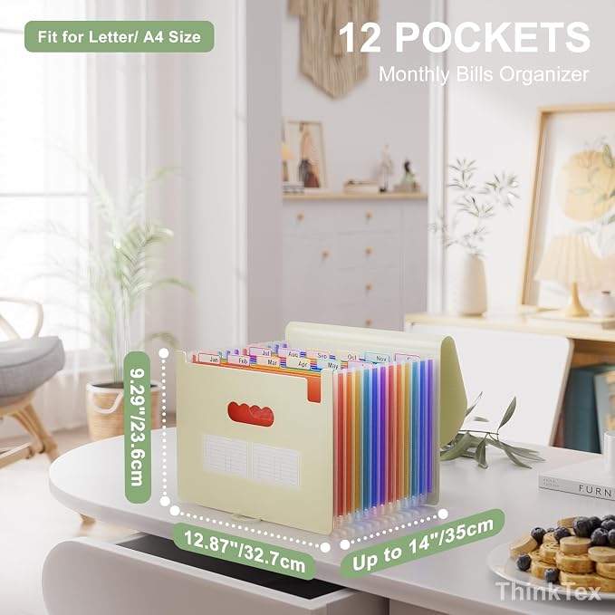 ThinkTex Accordion File Organizer, 12 - Pocket Expanding File Folders | for Receipts, Bills&Taxes Organizer, Letter/A4 Size Document Holder for School, Office, Home with tabs-Beige Color