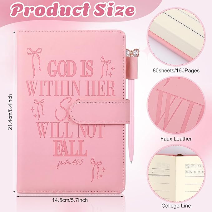 Thenshop 3 Pcs Bible Verse Leather Journal for Women Coquette Bow Christian Journal with Pen & Gift Box God Is Within Her Notebook for Faith Religious Gifts Prayer Bible Study Supplies 5.7×8.4″