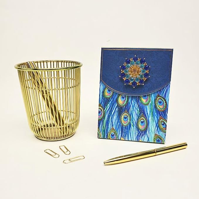 Punch Studio Flip-Top Notepad For Daily Notes or Notes on-the-go, with Magnetic Closure, Brooch Embellishment, Gold-Foil Accents & 75 Illustrated Sheets, 5" x 3.75" - Peacock Tail (44668)
