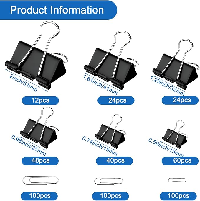 508 PCS Binder Clips and Paper Clips Set Assorted Sizes, Black Office Clips Metal Paperclips Individually Boxed,Binding Paperwork Clamp Bulk Office Supplies for School Home