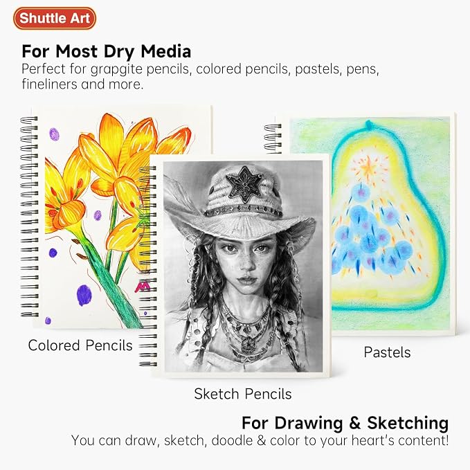 Shuttle Art 9x12” Sketchbook, 220 Sheets Total, Pack of 2(110 Sheets Each), 68lb/100gsm Thick Paper, Spiral Bound Mixedmedia Sketch Pad, Acid-free Drawing Pad for Kids Adults Artists Sketching Drawing